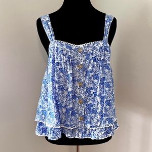 ALTAR’D STATE Floral Button Front Blue White Sleeveless Top Women’s Size Medium